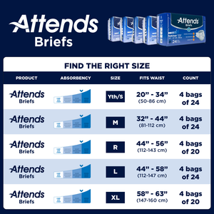 ATT DD10 49734 Attends Briefs Youth-Small 20"-34" size chart