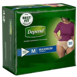 Depends FIT-FLEX Disposable Underwear for Women in medium disposable underwear for light bladder leaks, packaging