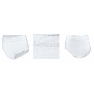 TENA Super Plus Incontinence Underwear for Women product illustration front, waistband detail and back