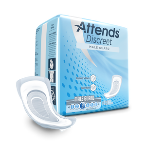 ADMG20 Attends Attends Discreet Men's Guards for light urinary incontinence bladder leaks; packaging and product