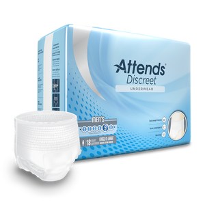 Attends Discreet Men's disposable protective Underwear for bladder and bowel incontinence product and packaging in Large/XL