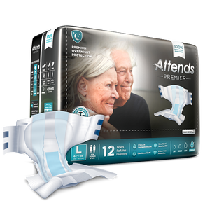 ALI-BR30 Attends Attends Premier Briefs for bladder or bowel incontinence leaks; packaging and product, in Large