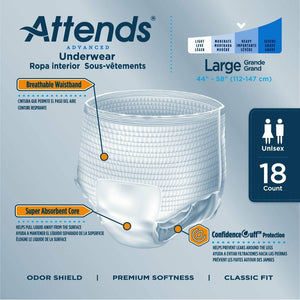 Attends Advanced disposable protective Underwear for bladder and bowel incontinence product features in Large
