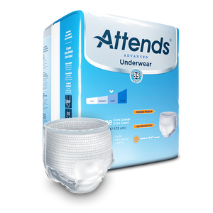 Attends Advanced disposable protective Underwear for bladder and bowel incontinence product and packaging in Extra Large