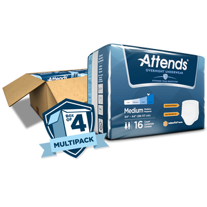 Attends Overnight disposable protective Underwear for bladder and bowel incontinence, sold by the case