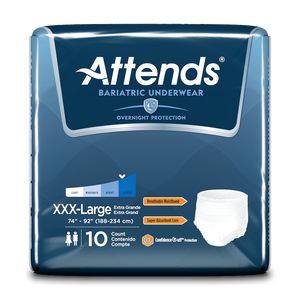 Attends Bariatric Protective Underwear for bladder or bowel incontinence leaks; packaging in XXXL (3XL)