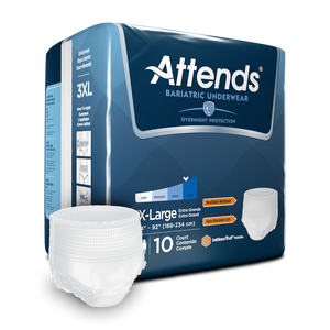 Attends Bariatric Protective Underwear for bladder or bowel incontinence leaks; packaging and product in XXXL (3XL)