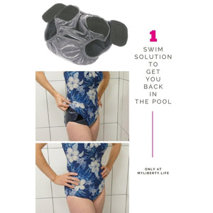 SOSecure Containment Swim Brief in Adult & Youth Style under bathing suit for incontinence protection with open tabs and woman wearing SOSecure under bathing suit