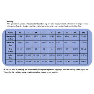 Size chart for SOSecure Containment Swim Brief in Adult & Youth Style, Unisex, for incontinence protection