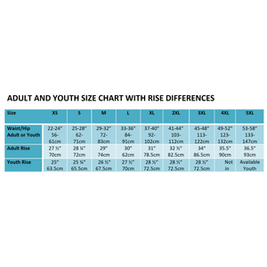 Size chart with Rise differences for SOSecure Containment Swim Brief in Adult & Youth Style, Unisex, for incontinence protection