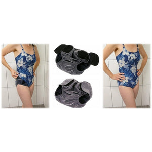 SOSecure Containment Swim Brief in Adult & Youth Style under bathing suit for incontinence protection with open and closed tabs and woman wearing SOSecure under bathing suit