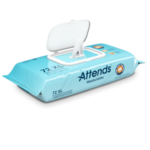 Attends Washcloths Scented for easier skin care for bladder and bowel incontinence clean up; sold by the case - 12 packs of 72 or 864 washcloths, with open re-closable lid
