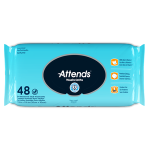 Attends Washcloths Unscented for easier skin care for bladder and bowel incontinence clean up, top of 48 pack  view of product