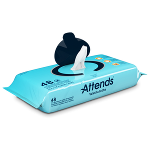 Attends Washcloths Unscented for easier skin care for bladder and bowel incontinence clean up; sold by the case - 12 packs of 48 or 576 washcloths, with open re-closable lid