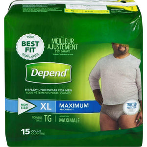 Depends FIT-FLEX in XL Men's disposable Underwear for light bladder leak protection, front packaging